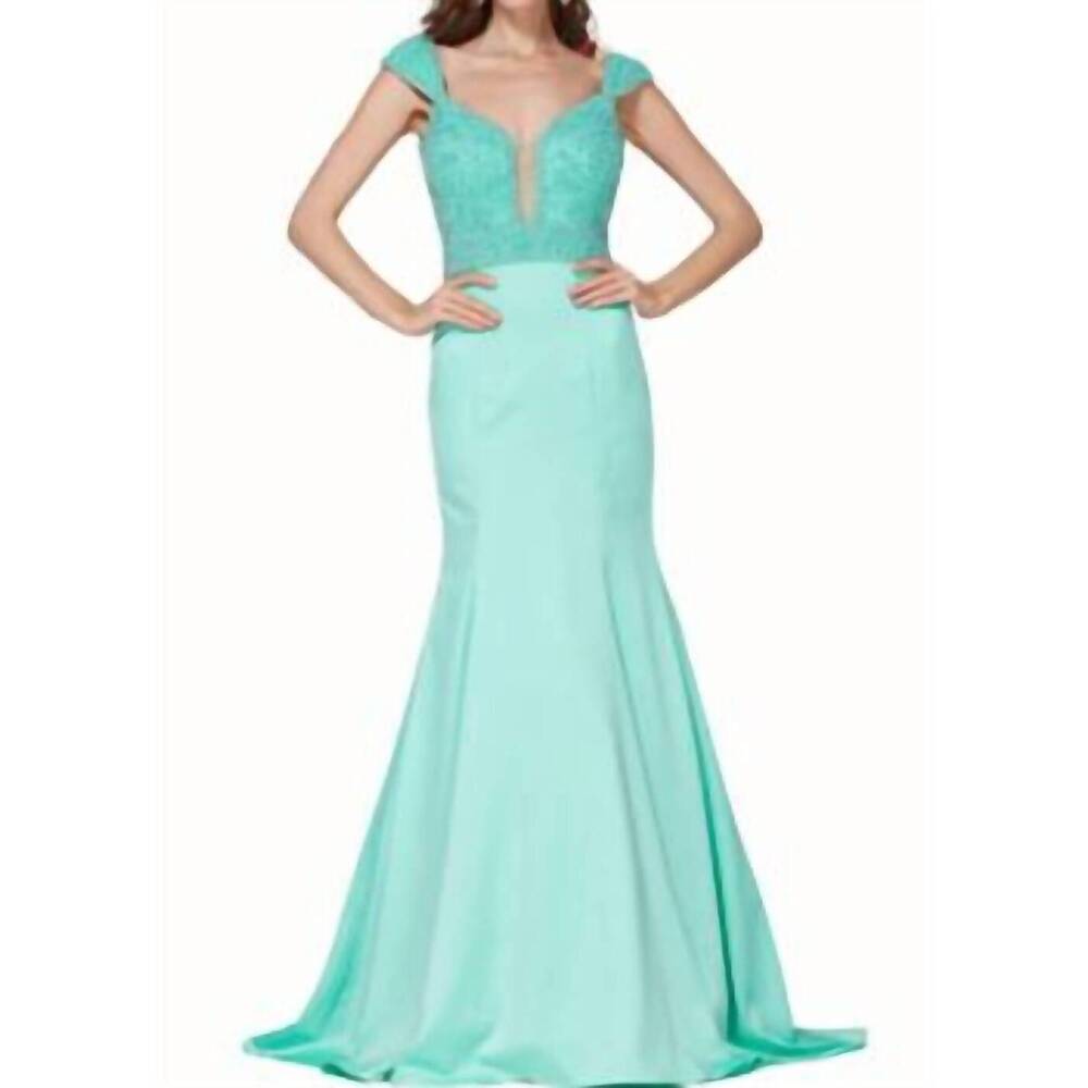 NEW ANGELA & ALISON satin beaded gown in aqua